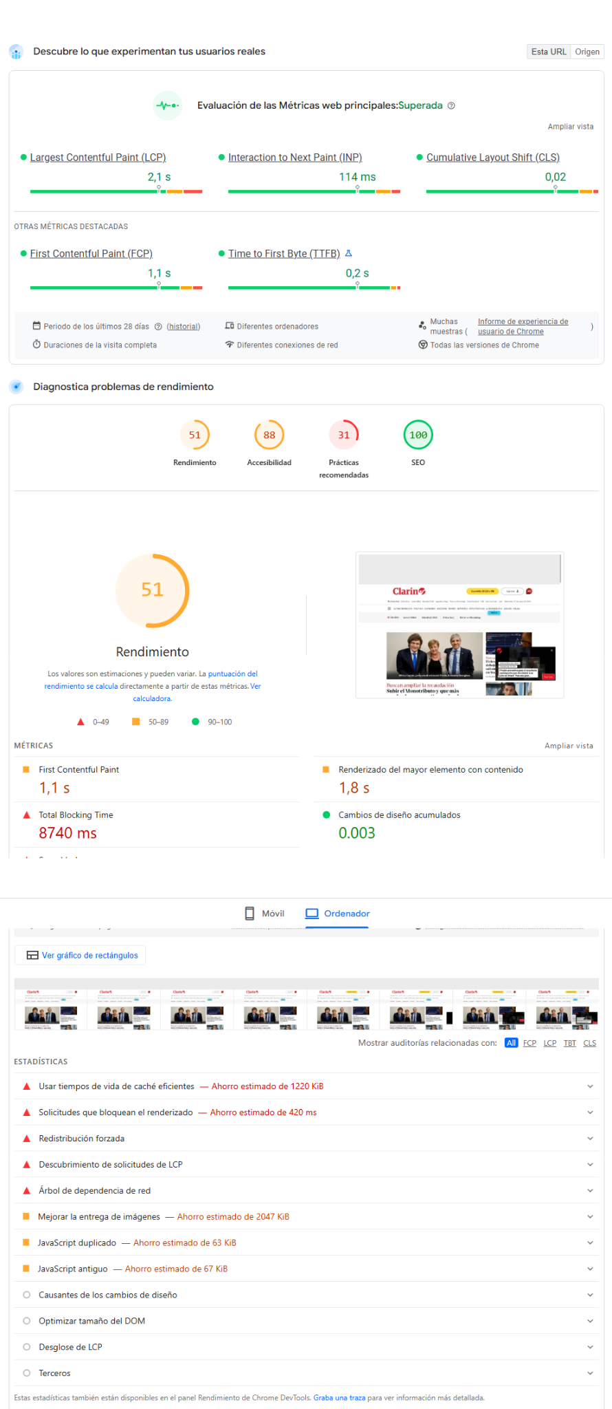 PageSpeed Insights — evidencia de rendimiento